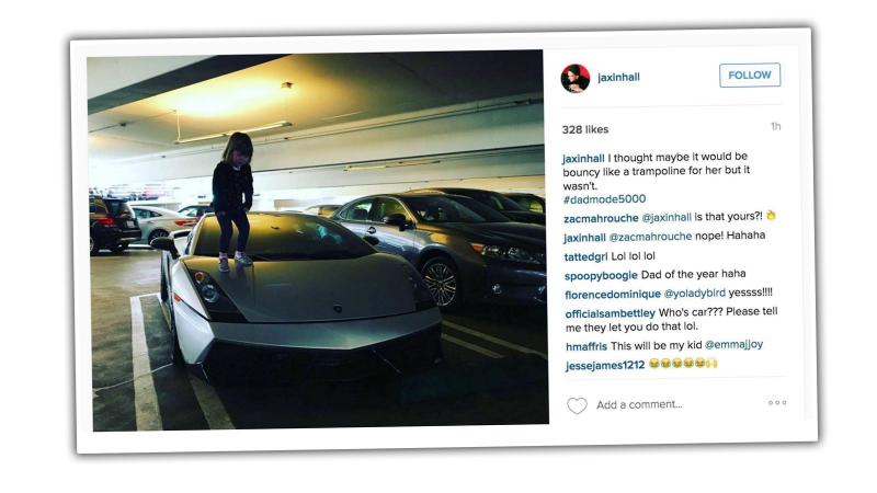 Illustration for article titled Semi-Famous Idiot Gets Kid To Bounce On The Hood Of A Lambo For Instagram